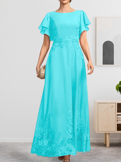 Vestido de gasa con encaje y lentejuelas para madre de la novia, corte A, escote redondo hasta los tobillos