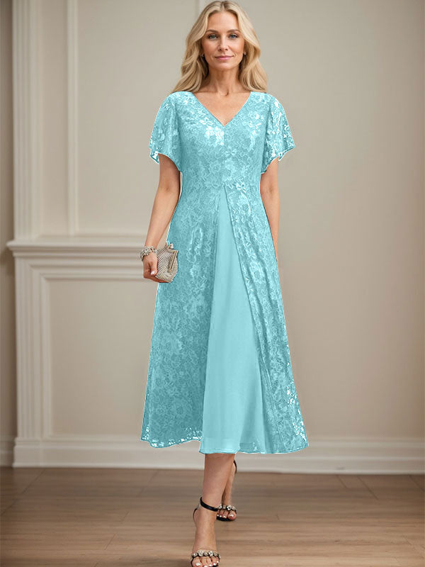 A-Linie V-Ausschnitt Wadenlanges Chiffon-Kleid für die Brautmutter 