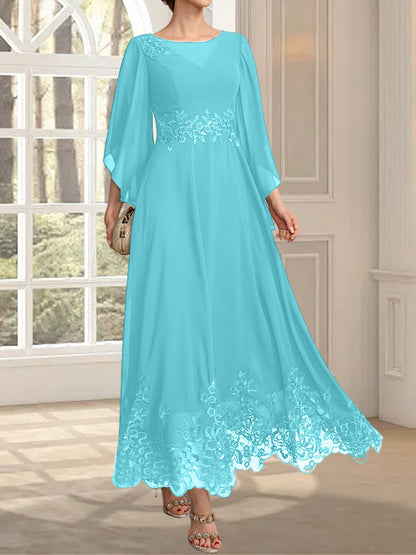 A-Linie, U-Ausschnitt, Illusion, knöchellang, Spitzen-Chiffon, Kleid für die Brautmutter mit Pailletten 