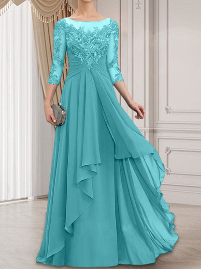 A-Linie, U-Ausschnitt, Illusion, bodenlanges Chiffon-Kleid für die Brautmutter mit kaskadierenden Rüschen