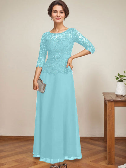 A-Linie, U-Ausschnitt, Illusion, knöchellang, Chiffon, Spitze, Kleid für die Brautmutter mit Strass-Perlen 