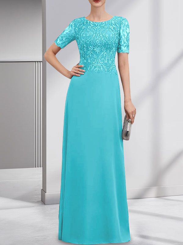 Robe de mère de la mariée en dentelle et mousseline, longueur au sol, en ligne A, décolleté en U, ornée de paillettes
