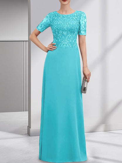 A-Linie U-Ausschnitt Bodenlang Spitzen-Chiffon-Kleid für die Brautmutter mit Pailletten