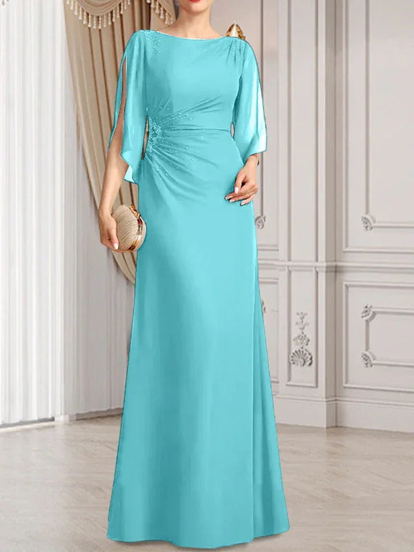 Vestido de madrina de novia de gasa largo hasta el suelo con corte columna y fajín plisado con cuentas