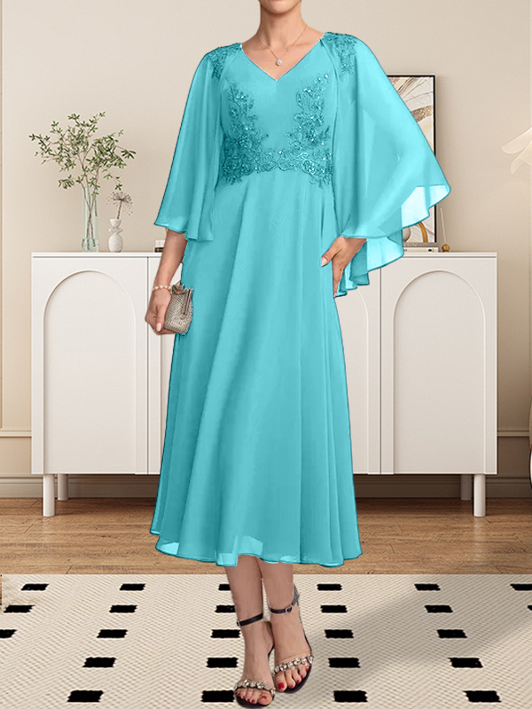 A-Linie, V-Ausschnitt, knielang, Chiffon, Spitze, Kleid für die Brautmutter mit Perlen und Pailletten