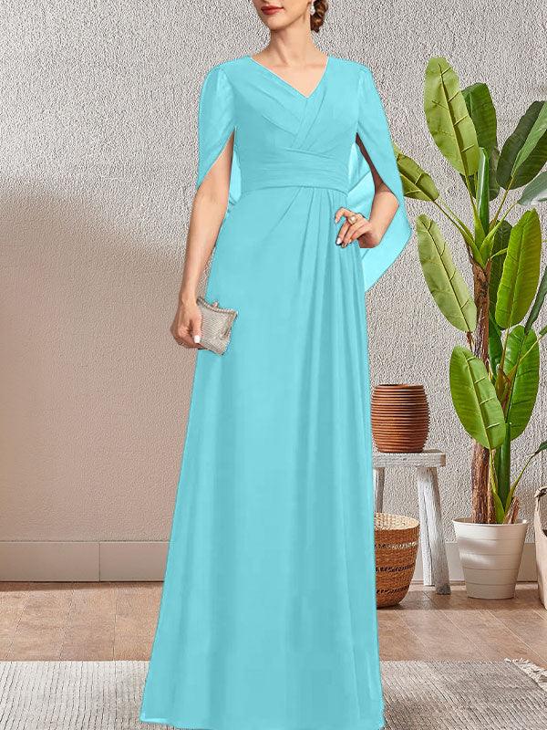 فستان أم العروس طويل برقبة على شكل حرف V وقصة على شكل حرف A باللون الأزرق الداكن