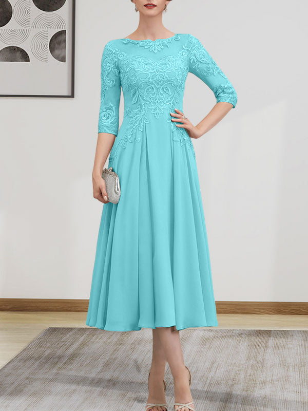 A-Linie, U-Ausschnitt, Illusion, knielang, Chiffon, Spitze, Kleid für die Brautmutter mit Perlen und Pailletten