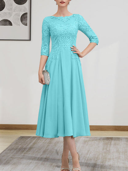 A-Linie, U-Ausschnitt, Illusion, knielang, Chiffon, Spitze, Kleid für die Brautmutter mit Perlen und Pailletten