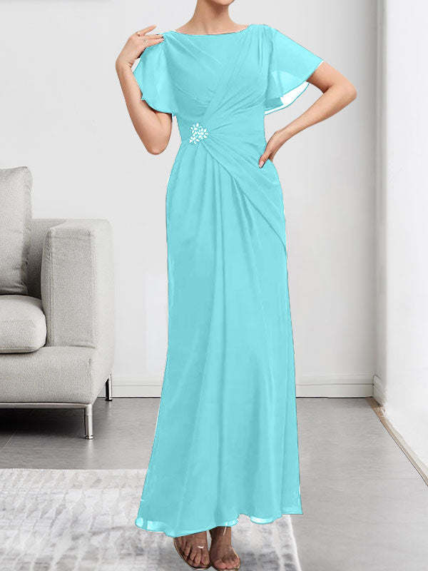 Robe de mère de la mariée en mousseline, longueur cheville, en ligne A, encolure dégagée, ornée de perles et plissée