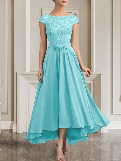 A-Linie U-Ausschnitt Bodenlang Spitzen-Chiffon-Kleid für die Brautmutter mit Pailletten
