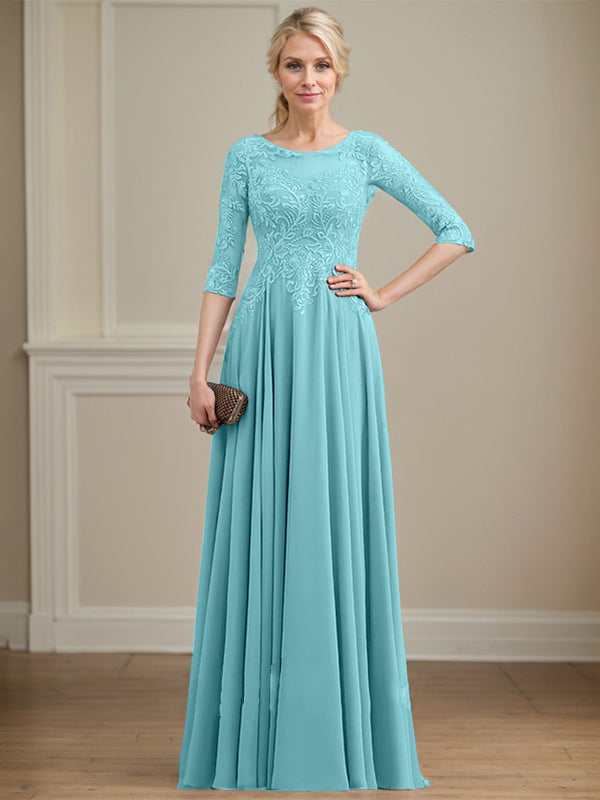 Robe de mère de la mariée en dentelle et mousseline, longueur au sol, coupe en A, décolleté illusion en forme de goutte, ornée de paillettes