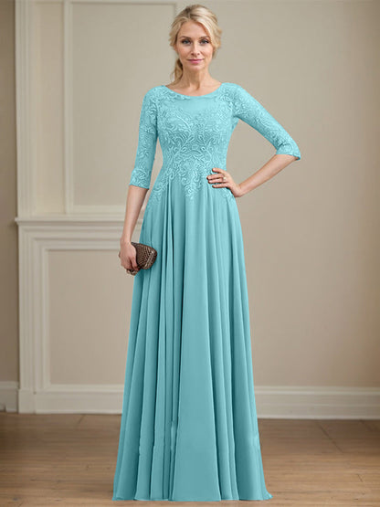 A-Linie, U-Ausschnitt, Illusion, bodenlanges Spitzen-Chiffon-Kleid für die Brautmutter mit Pailletten 