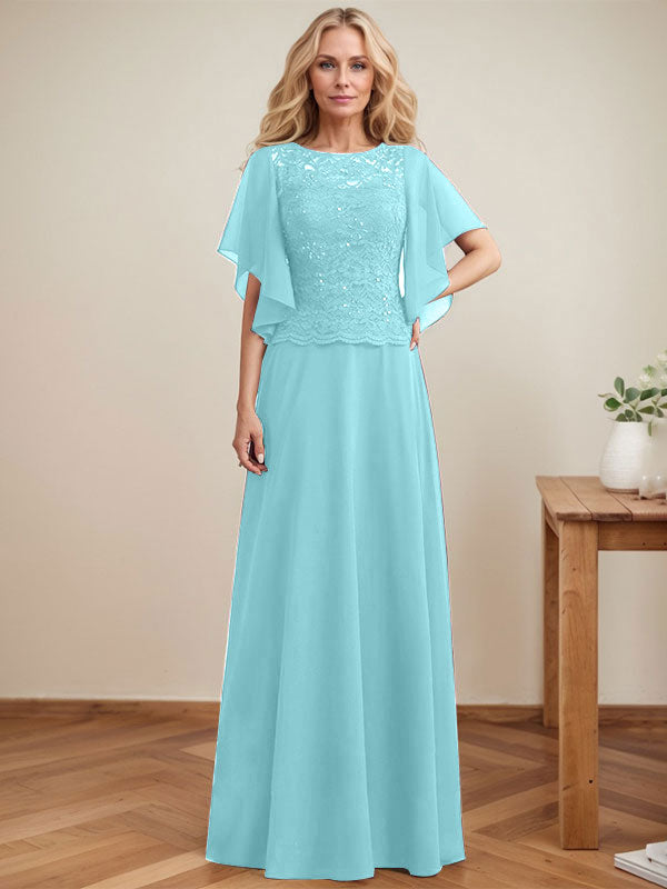 A-Linie, U-Ausschnitt, Illusion, bodenlanges Spitzen-Chiffon-Kleid für die Brautmutter mit Pailletten 