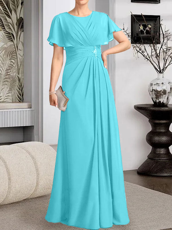Robe de mère de la mariée en mousseline, longueur au sol, en ligne A, décolleté arrondi, ornée de perles plissées