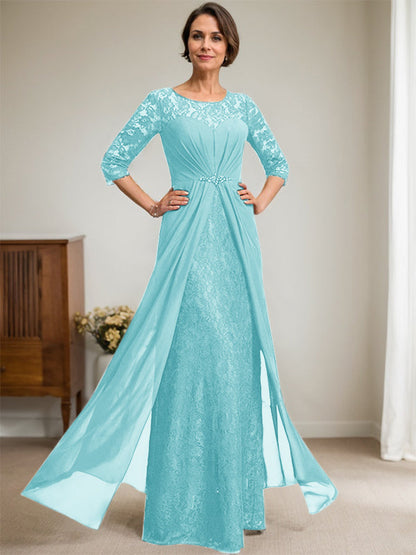 A-Linie U-Ausschnitt Illusion Bodenlang Spitzen Chiffon Mutter der Braut Kleid mit Perlenbesatz Rüschen 