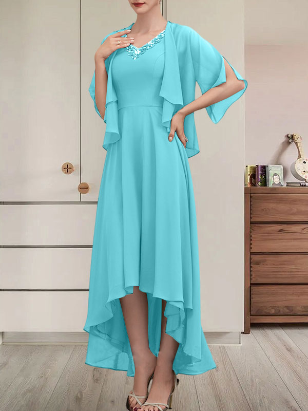 Vestido de gasa asimétrico para madre de la novia con escote en V, corte A y lentejuelas con abalorios