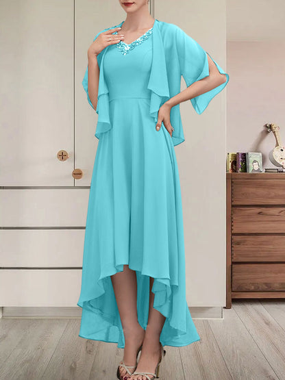 Vestido de gasa asimétrico para madre de la novia con escote en V, corte A y lentejuelas con abalorios