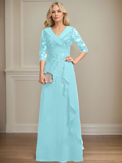 Vestido de madre de la novia de gasa con encaje, escote en V, corte A y largo hasta el suelo, con lentejuelas y volantes en cascada 