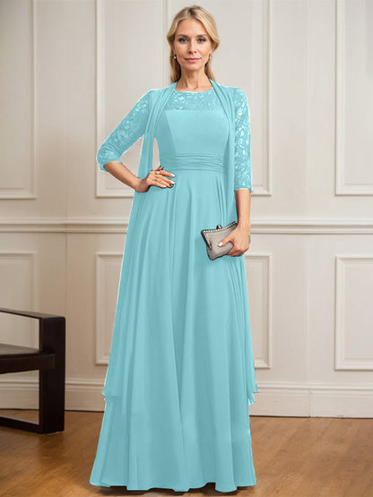 A-Linie U-Ausschnitt Illusion Bodenlang Spitze Chiffon Mutter der Braut Kleid Mit Plissee 