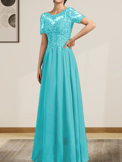 A-Linie U-Ausschnitt Illusion Bodenlang Chiffon Spitze Mutter der Braut Kleid mit Pailletten Perlen