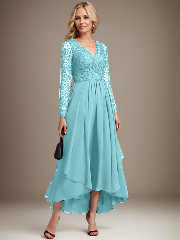 Robe de mère de la mariée en mousseline de soie à dentelle asymétrique, en forme de A avec col en V