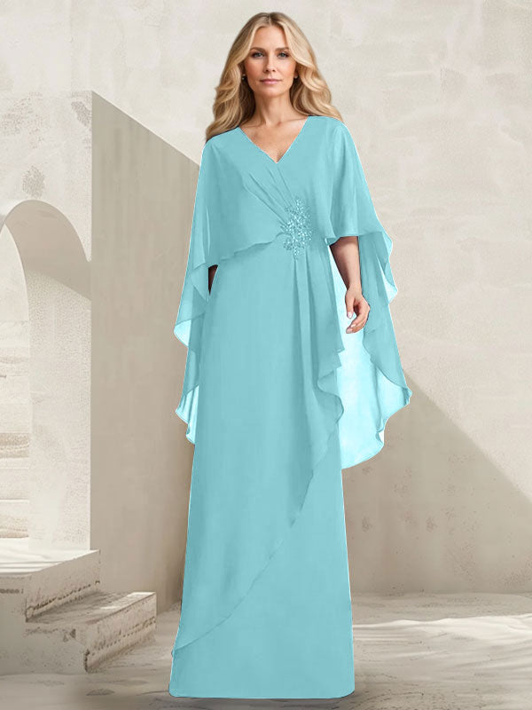 A-line V-Neck Floor-Length Chiffon Mother of the Bride Dress With Cascading Ruffles Beading
