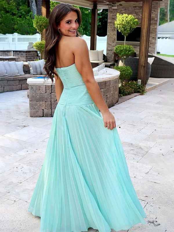 Stunning Yellow A Line Strapless Sweetheart Pleated Prom Dress High Slit Gown