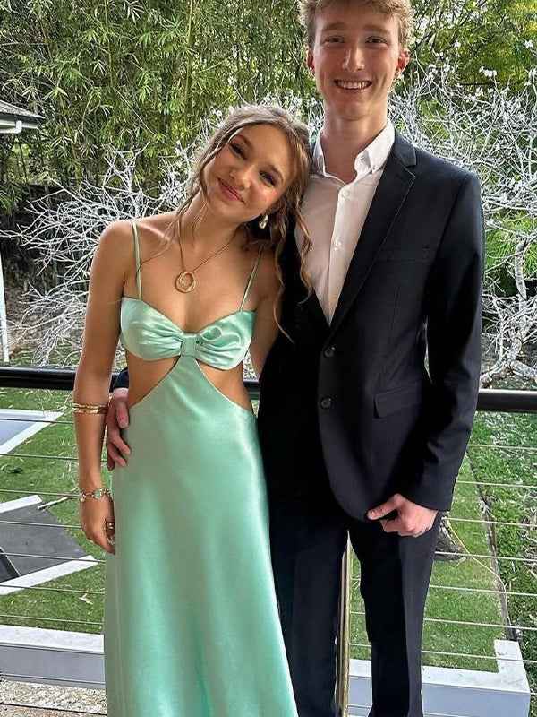 Sexy Mint Green Satin Bow Front Cutout Halter Prom Maxi Dress