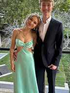 Sexy Mint Green Satin Bow Front Cutout Halter Prom Maxi Dress