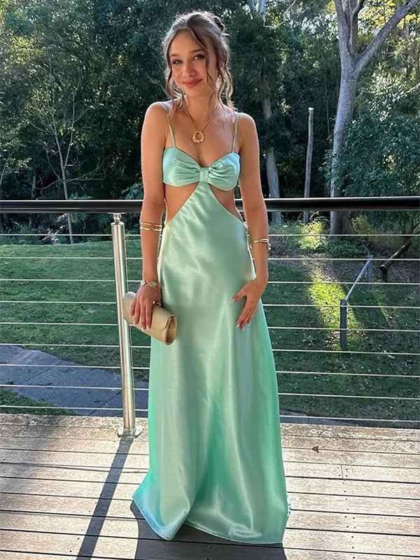 Sexy Mint Green Satin Bow Front Cutout Halter Prom Maxi Dress