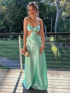 Sexy Mint Green Satin Bow Front Cutout Halter Prom Maxi Dress
