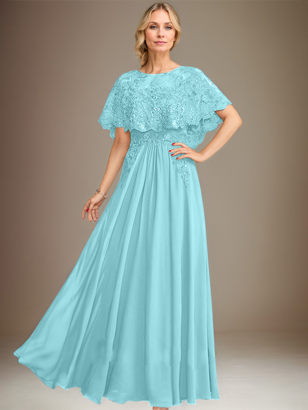 Robe de mère de la mariée en mousseline de soie à dentelle, longueur au sol, en ligne A, col bateau, ornée d'appliques à paillettes