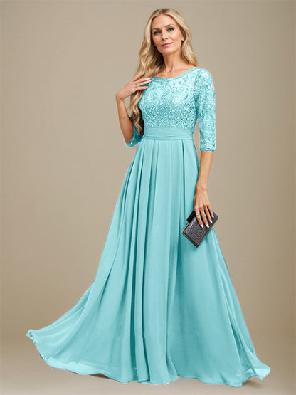 A-Linie U-Ausschnitt Bodenlang Spitzen-Chiffon-Kleid für die Brautmutter mit Paillettenapplikation 