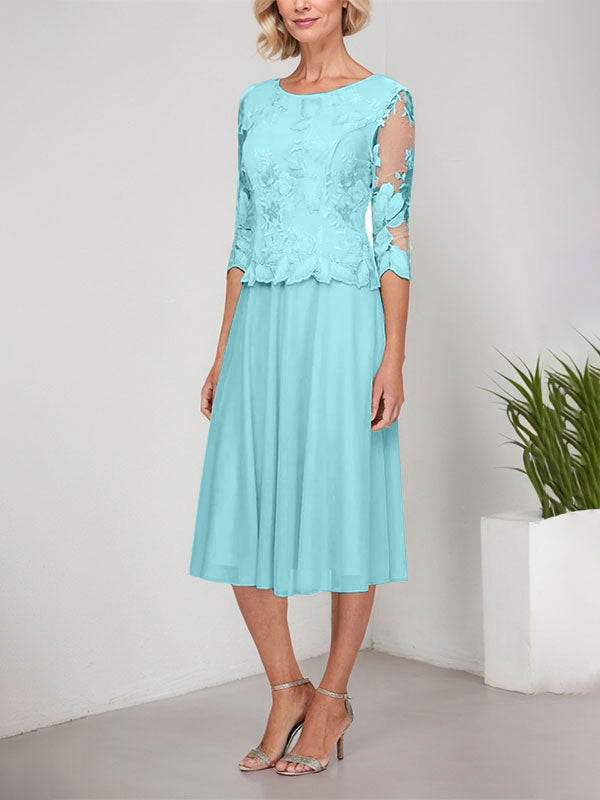 A-Linie U-Ausschnitt Wadenlang Spitzen Chiffon Mutter der Braut Kleid mit Stickerei 