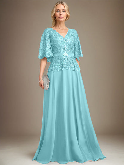 A-Linie V-Ausschnitt Bodenlang Chiffon Spitze Mutter der Braut Kleid Mit Kristall Brosche Strass 