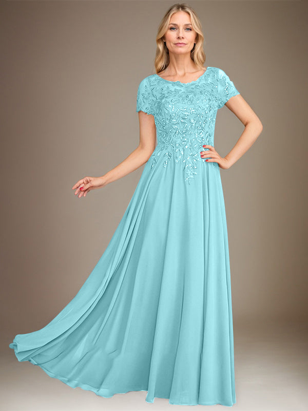 Robe de mère de la mariée en mousseline, longueur au sol, coupe en A, décolleté arrondi, ornée d'appliques et de paillettes
