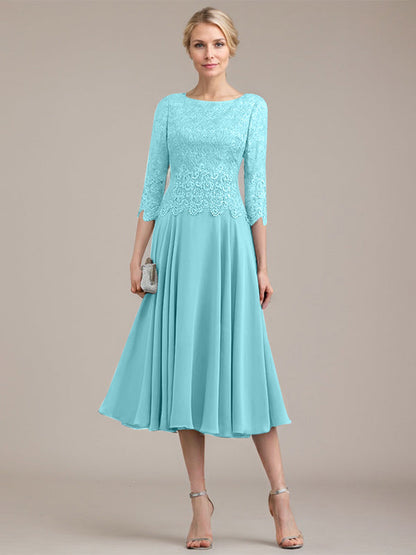 A-Linie U-Ausschnitt Wadenlang Chiffon-Kleid für die Brautmutter 