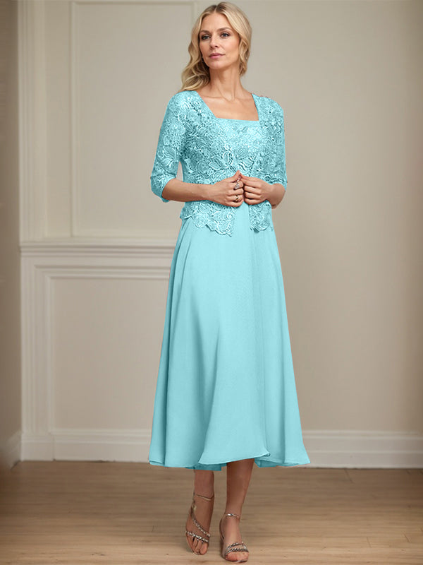 A-Linie Quadratisches Wadenlanges Chiffon-Spitzenkleid für die Brautmutter mit Pailletten und Perlen 