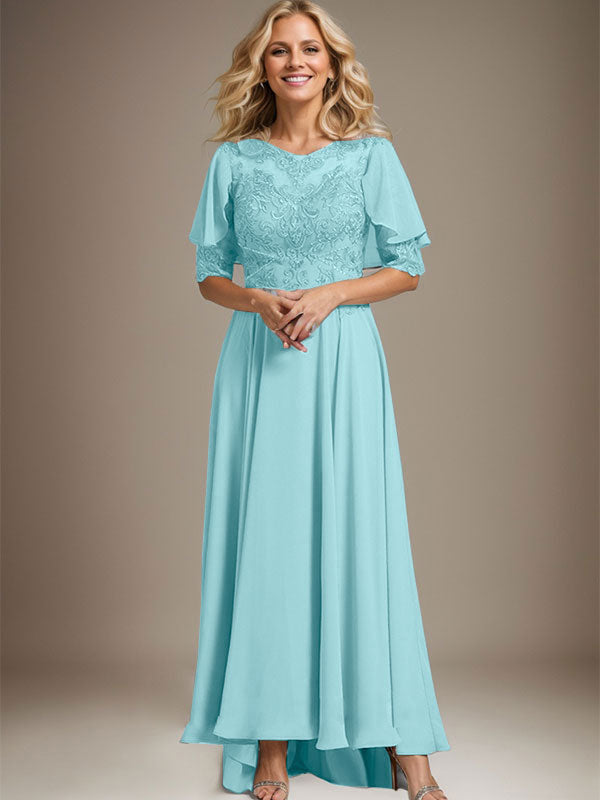 Robe de mère de la mariée en mousseline et dentelle asymétrique à encolure dégagée en ligne A avec perles