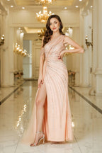 Vestido de Festa Assimétrico com Miçangas em Tule, Sem Mangas, Fenda Lateral, Comprimento ao Chão, para Ocasiões Especiais