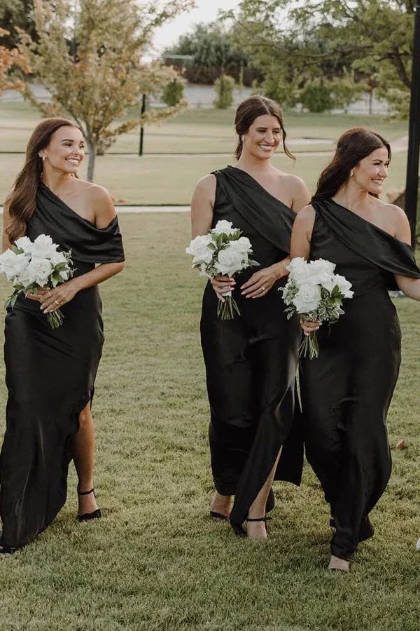 Abiti da damigella d'onore asimmetrici con balza e spalla scoperta con spacco BD141