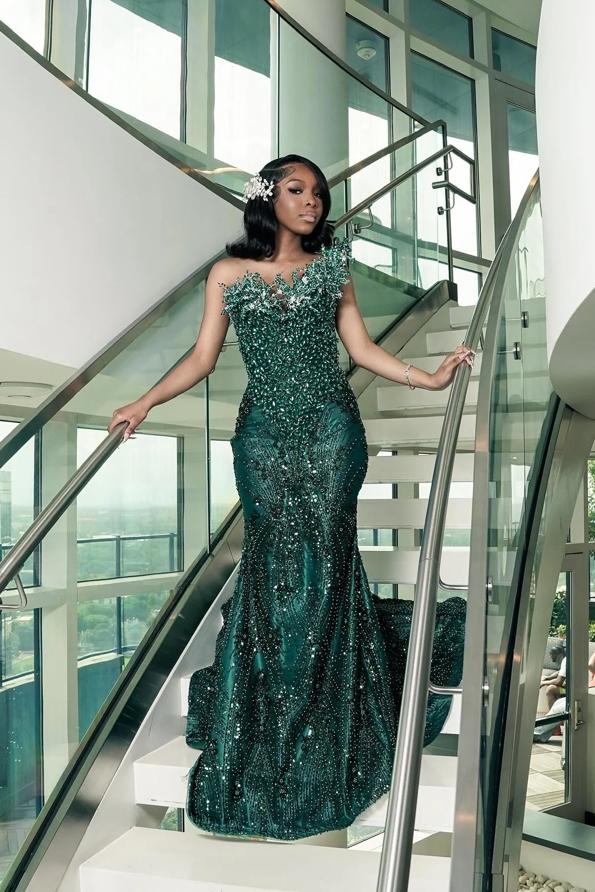 Dark Green One Shoulder Mermaid Prom Dress With Sparkle Embellishments