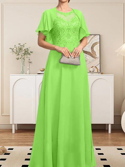 A-Linie, U-Ausschnitt, Illusion, bodenlanges Spitzen-Chiffon-Kleid für die Brautmutter mit Pailletten
