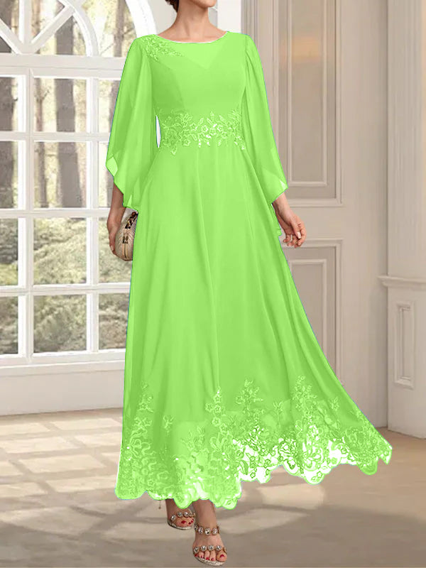 A-Linie, U-Ausschnitt, Illusion, knöchellang, Spitzen-Chiffon, Kleid für die Brautmutter mit Pailletten 