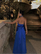 Abito da sera in raso blu con spacco e collo all'americana Abito formale per ballo Y7863