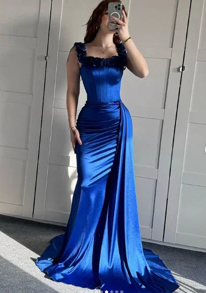 Abito da sera sirena blu con spalle scoperte, abito formale per ballo Y7842