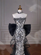 Abito da sera senza spalline in tulle con paillettes nere scintillanti, modello sirena, con fiocco Y8615