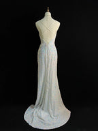 Abito da sera bianco scintillante con spalline sottili, paillettes, spacco da sirena e nappine Y8648