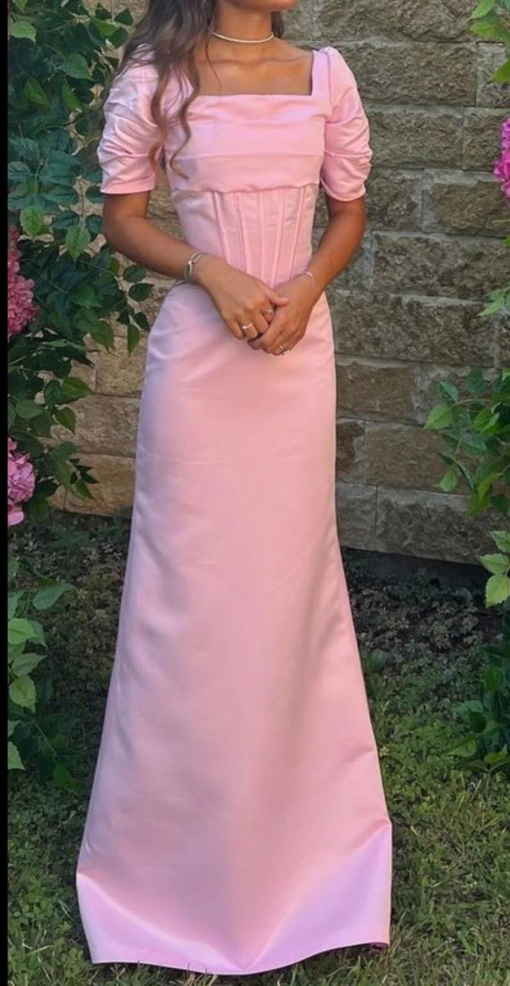 Abiti da cerimonia rosa donna manica corta vestito formale da sera per festa Y4796