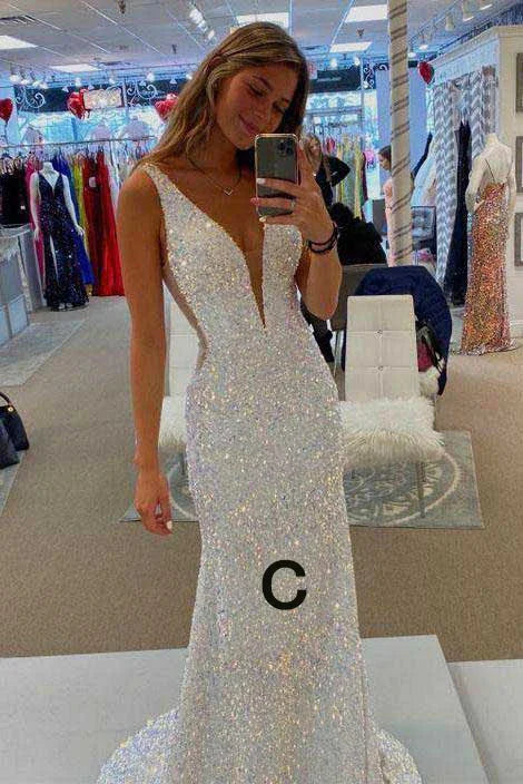 Abito da sera bianco con paillettes, spalline sottili scintillanti, modello sirena, Y8071